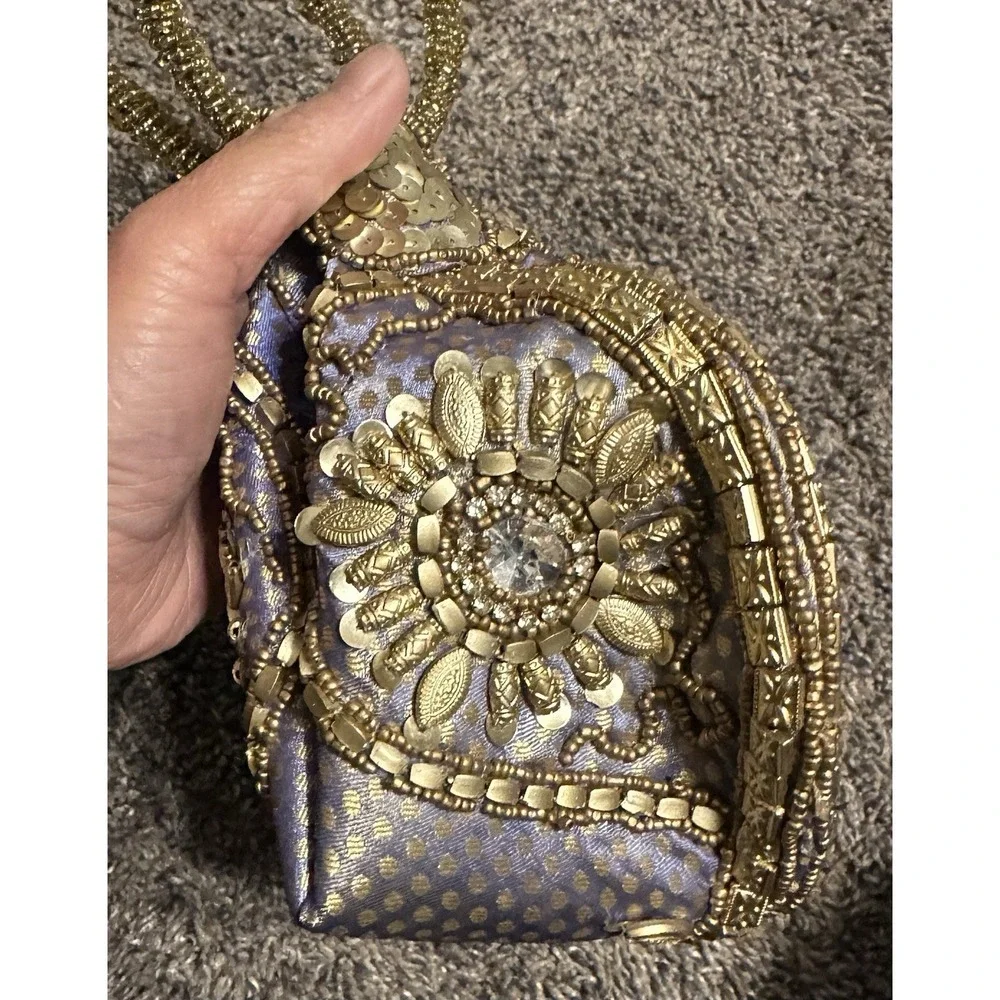 Fortune Cookie Bag Purse Wristlet Blue/Purple w/ Gold color Beads w/ Embroidery
